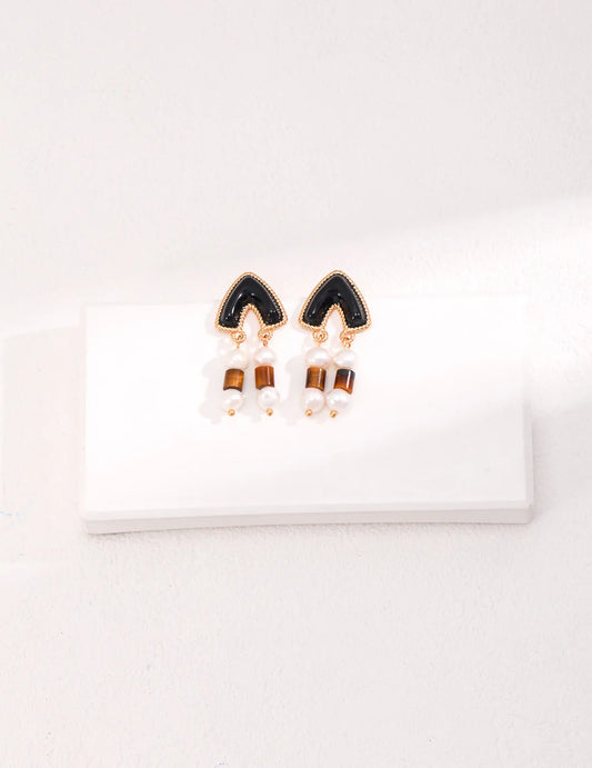 Tiger's Eye Pendant Earrings with Pearl | Elegant Jewelry