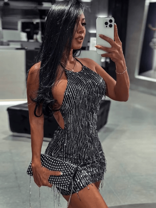 Fringe Halter Backless Mini Dress with Fringe