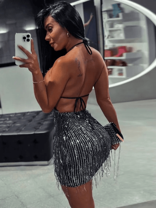 Fringe Halter Backless Mini Dress with Fringe