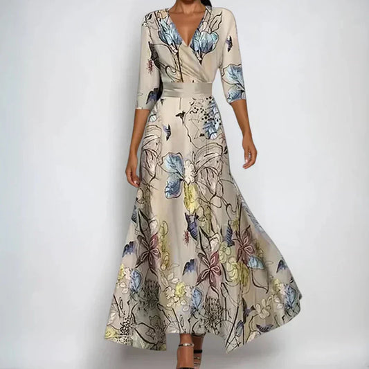 Maria Joana floral dress with wrap neckline - front view | Vireza Boutique