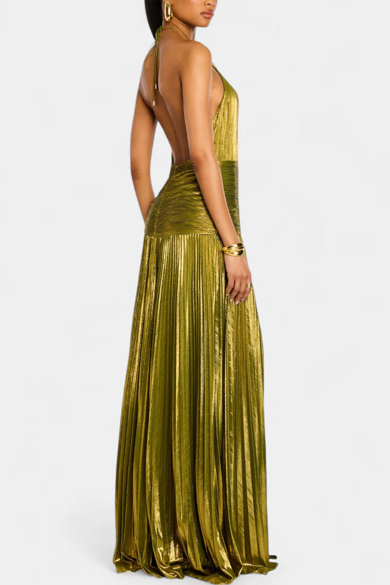 Emma Metallic Halter Dress Open Back & High Slit Vireza Boutique