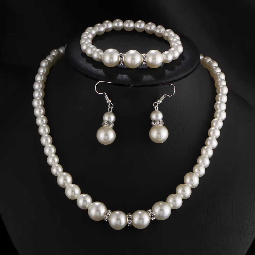 Elegant Simulated-Pearl Bridal Jewelry Sets Rhinestone Pearl Drop NECKLACE+EARRINGS Wedding Jewelry Sets for Women Gifts