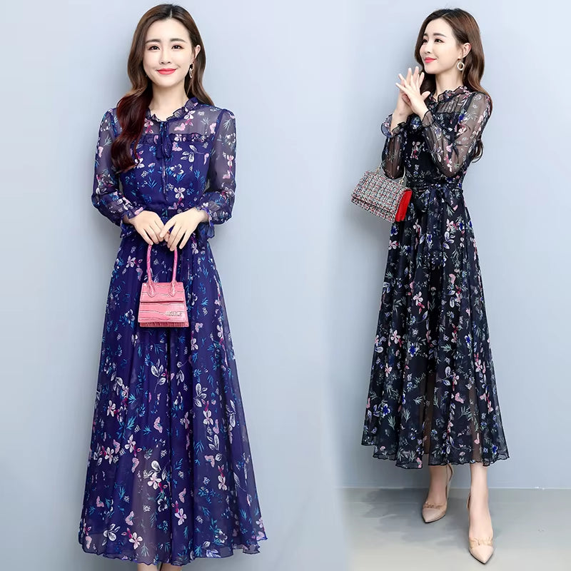 2024 Autumn Winter Floral Chiffon Vintage Midi Dress Casual Boho Beach Maxi Dress Women Bodycon Party Black Evening Prom Vestido
