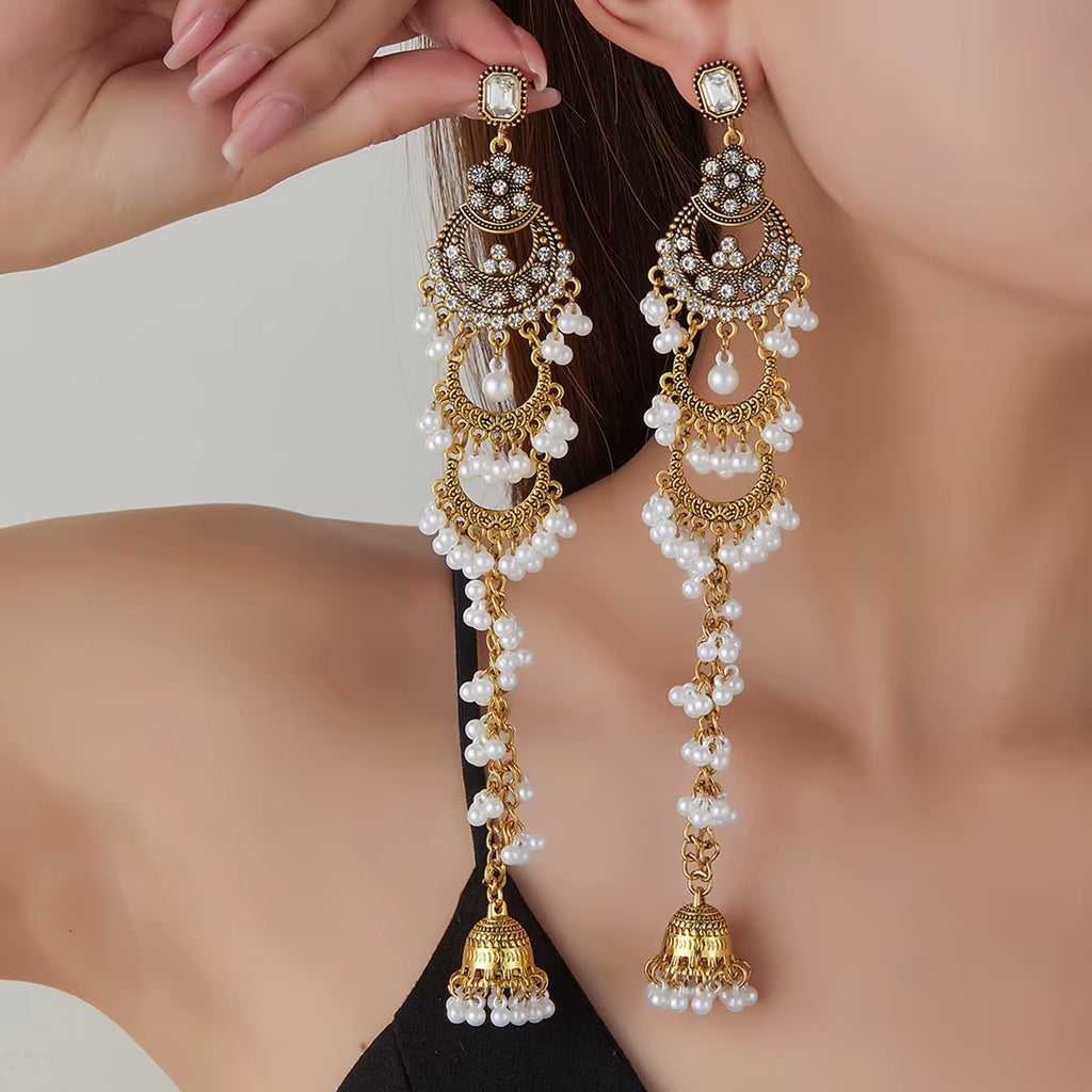 Vintage Ethnic Gold Color Statement Jewelry Earring Women Geometric Crystal Pearl Tassel Long Earrings Party Jewellery Brincos