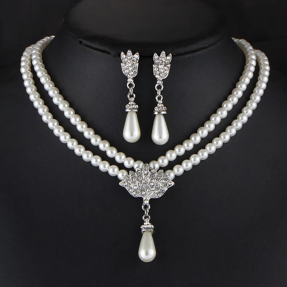 Elegant Simulated-Pearl Bridal Jewelry Sets Rhinestone Pearl Drop NECKLACE+EARRINGS Wedding Jewelry Sets for Women Gifts