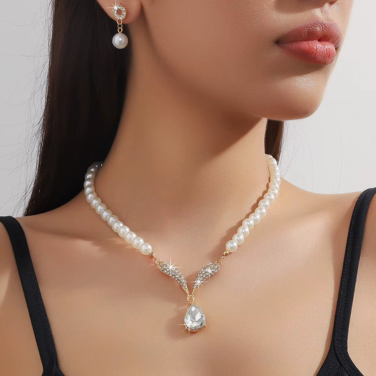 Elegant Simulated-Pearl Bridal Jewelry Sets Rhinestone Pearl Drop NECKLACE+EARRINGS Wedding Jewelry Sets for Women Gifts