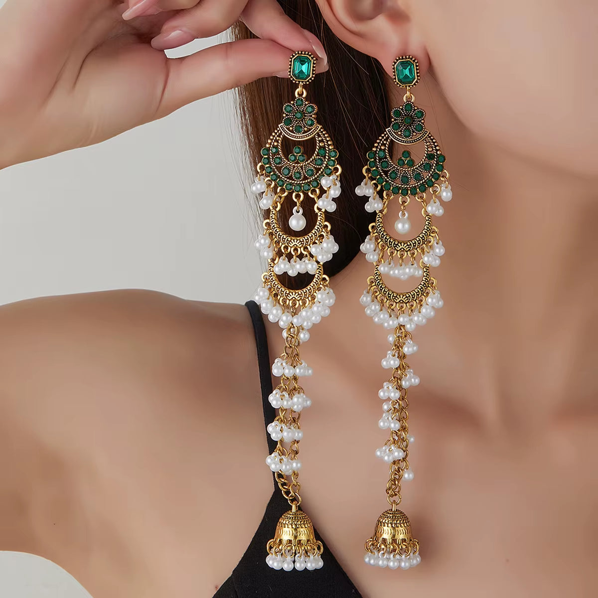 Vintage Ethnic Gold Color Statement Jewelry Earring Women Geometric Crystal Pearl Tassel Long Earrings Party Jewellery Brincos