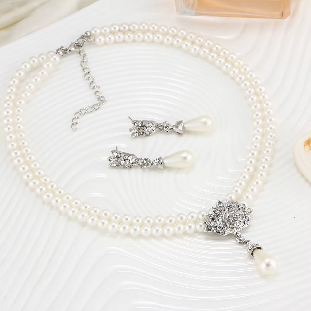 Elegant Simulated-Pearl Bridal Jewelry Sets Rhinestone Pearl Drop NECKLACE+EARRINGS Wedding Jewelry Sets for Women Gifts
