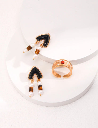 Tiger's Eye Pendant Earrings with Pearl | Elegant Jewelry