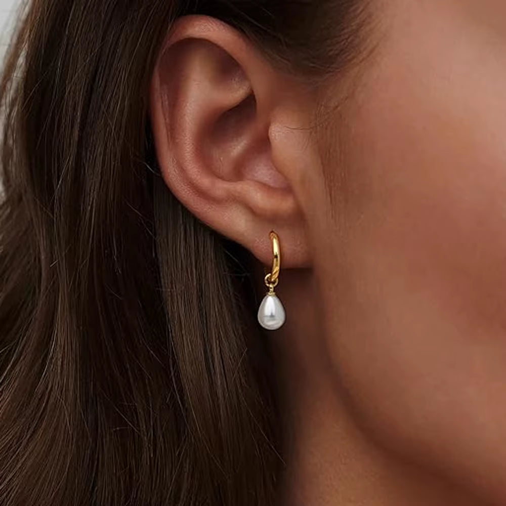 Trendy 14K Gold Plated Pearl Dangle Drop Hoop Huggies Earrings Cubic Zirconia Irregular Knot Pearl Studs Hypoallergenic Earrings