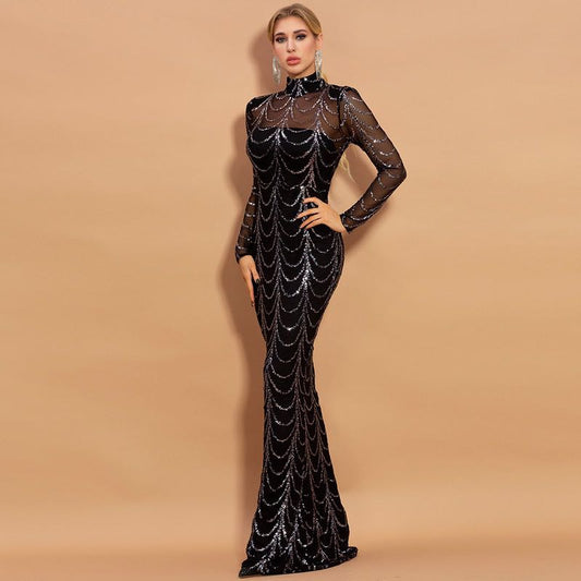 Sequins women maxi dress long sleeve - front view | Vireza Boutique