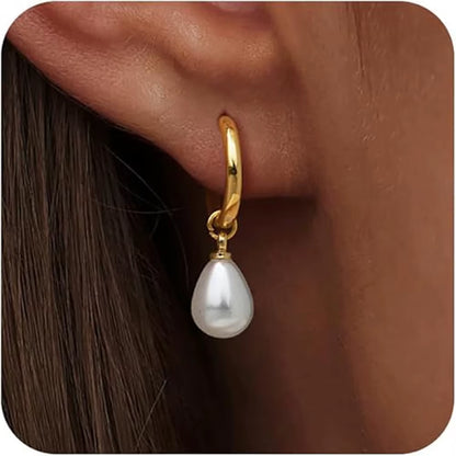 14K Gold Plated Hoop Earrings with Pearl