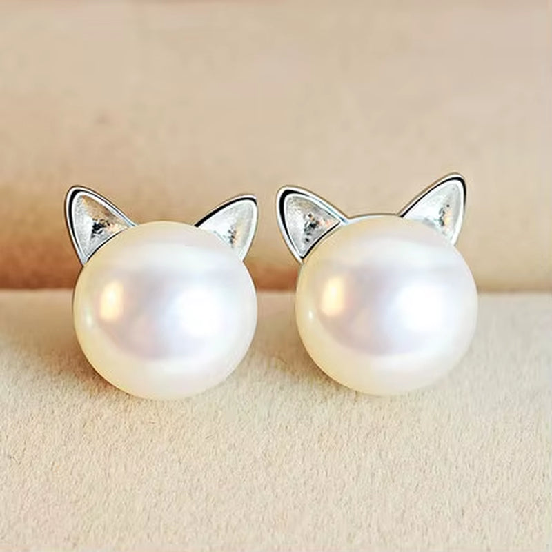 Real 100% 925 Sterling Silver Cat Pearl Stud Earrings for Women Girls Fashion Sterling-Silver-Jewelry Brincos Brinco