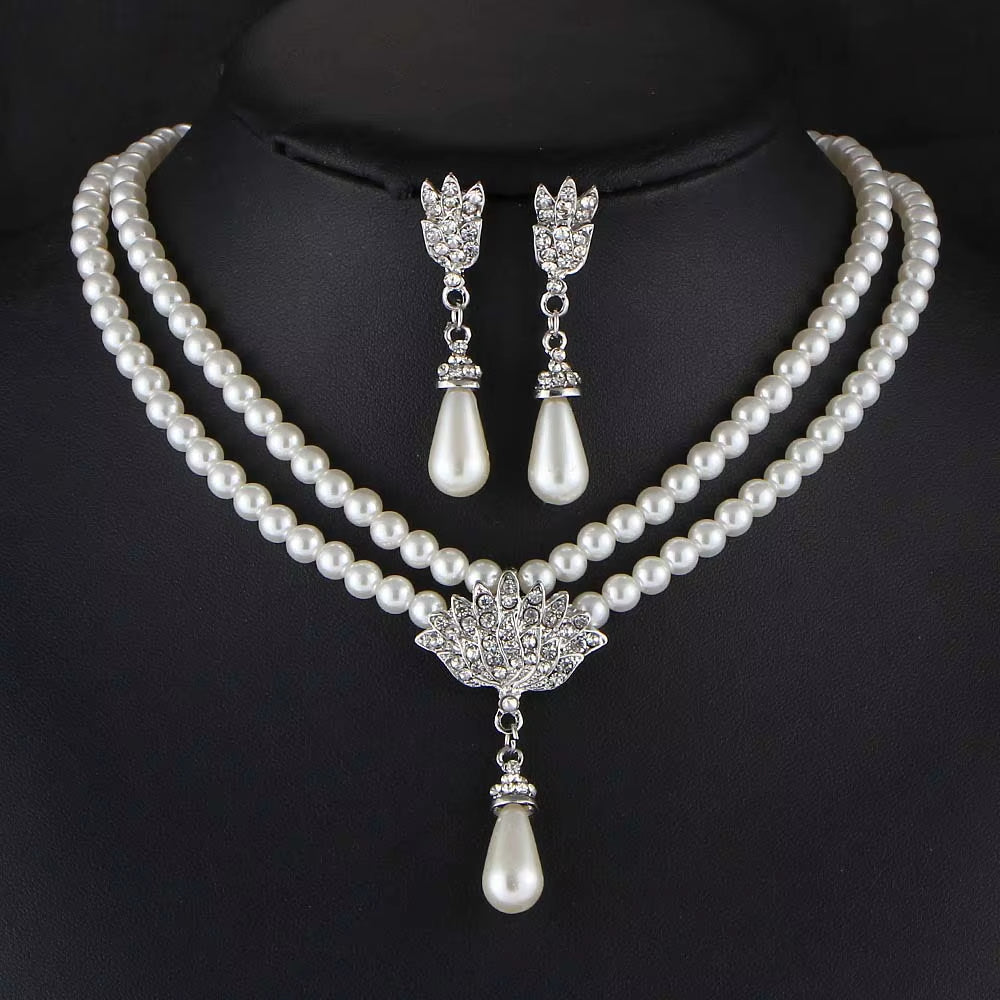 Elegant Simulated-Pearl Bridal Jewelry Sets Rhinestone Pearl Drop NECKLACE+EARRINGS Wedding Jewelry Sets for Women Gifts