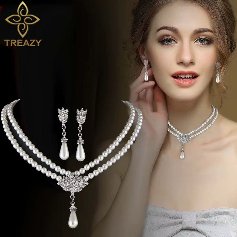 Elegant Simulated-Pearl Bridal Jewelry Sets Rhinestone Pearl Drop NECKLACE+EARRINGS Wedding Jewelry Sets for Women Gifts