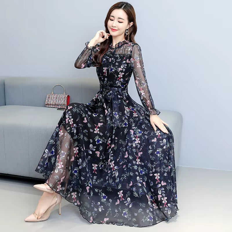 2024 Autumn Winter Floral Chiffon Vintage Midi Dress Casual Boho Beach Maxi Dress Women Bodycon Party Black Evening Prom Vestido