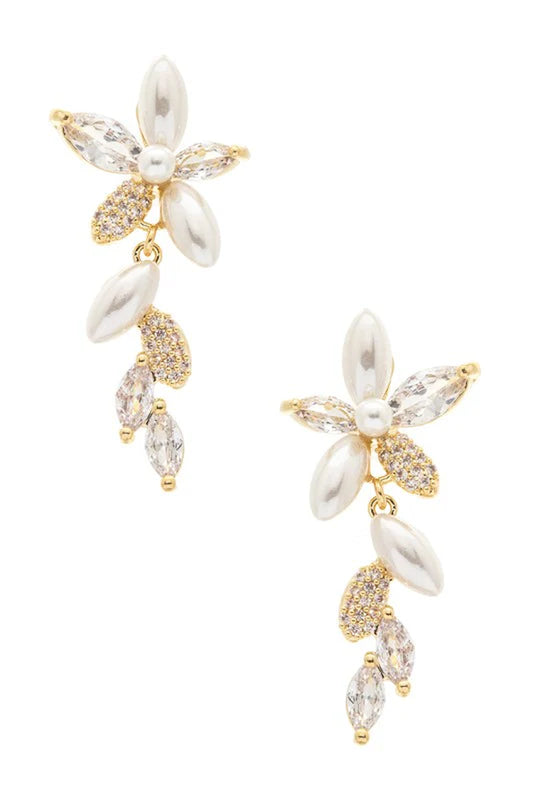 Faux Pearl CZ Flower Drop Earrings | Elegant Jewelry