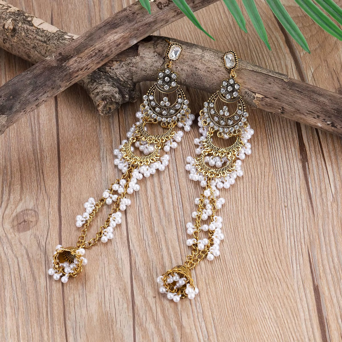 Vintage Ethnic Gold Color Statement Jewelry Earring Women Geometric Crystal Pearl Tassel Long Earrings Party Jewellery Brincos