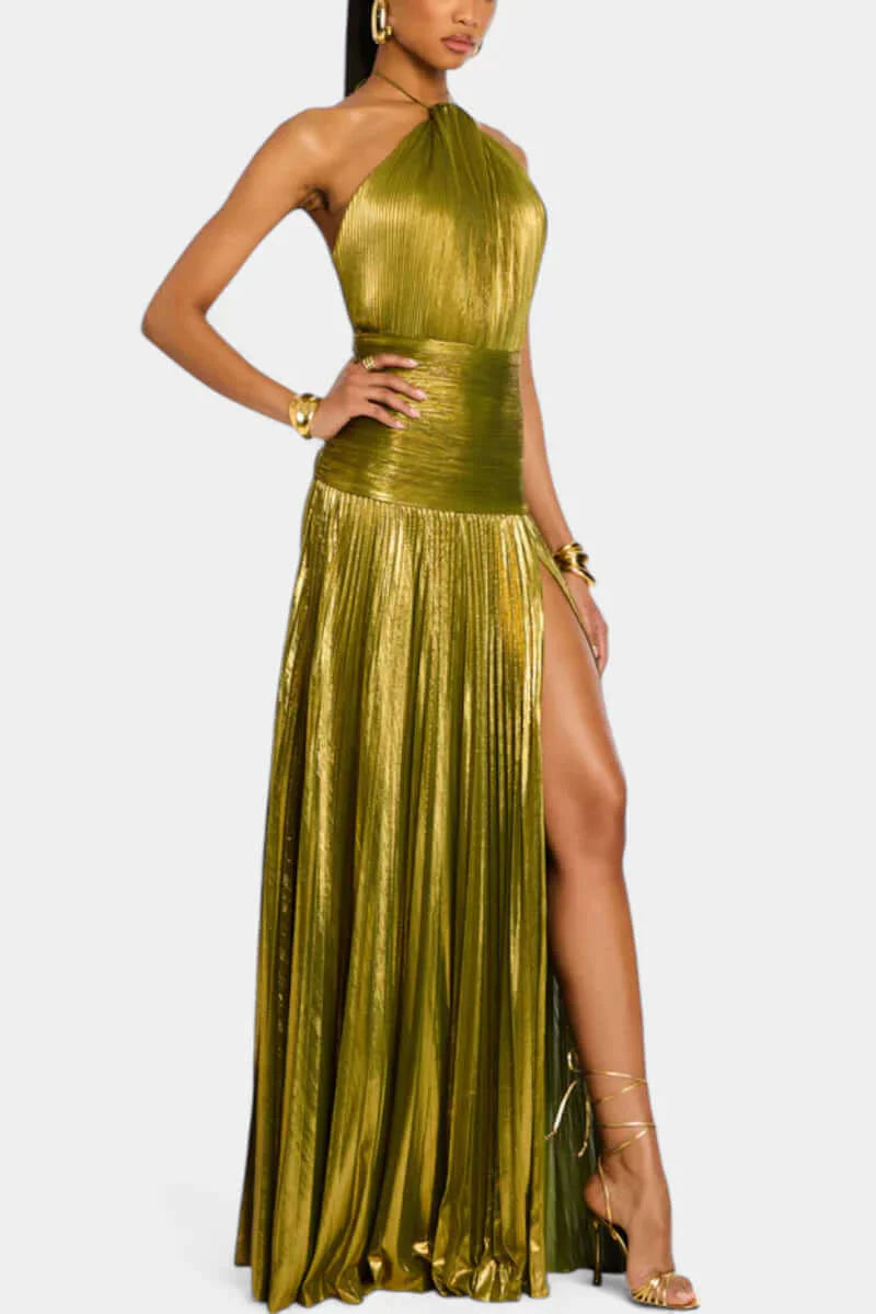 Emma metallic halter dress open back high slit - front view | Vireza Boutique
