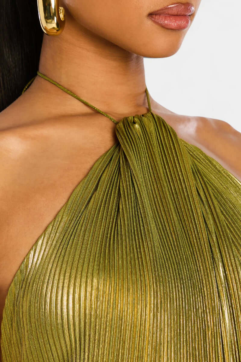 Emma Metallic Halter Dress Open Back High Slit