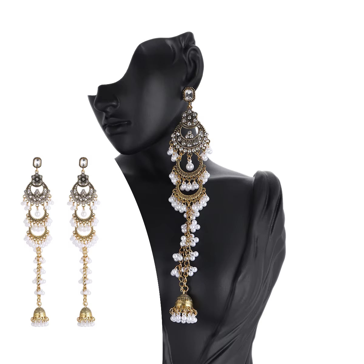 Vintage Ethnic Gold Color Statement Jewelry Earring Women Geometric Crystal Pearl Tassel Long Earrings Party Jewellery Brincos
