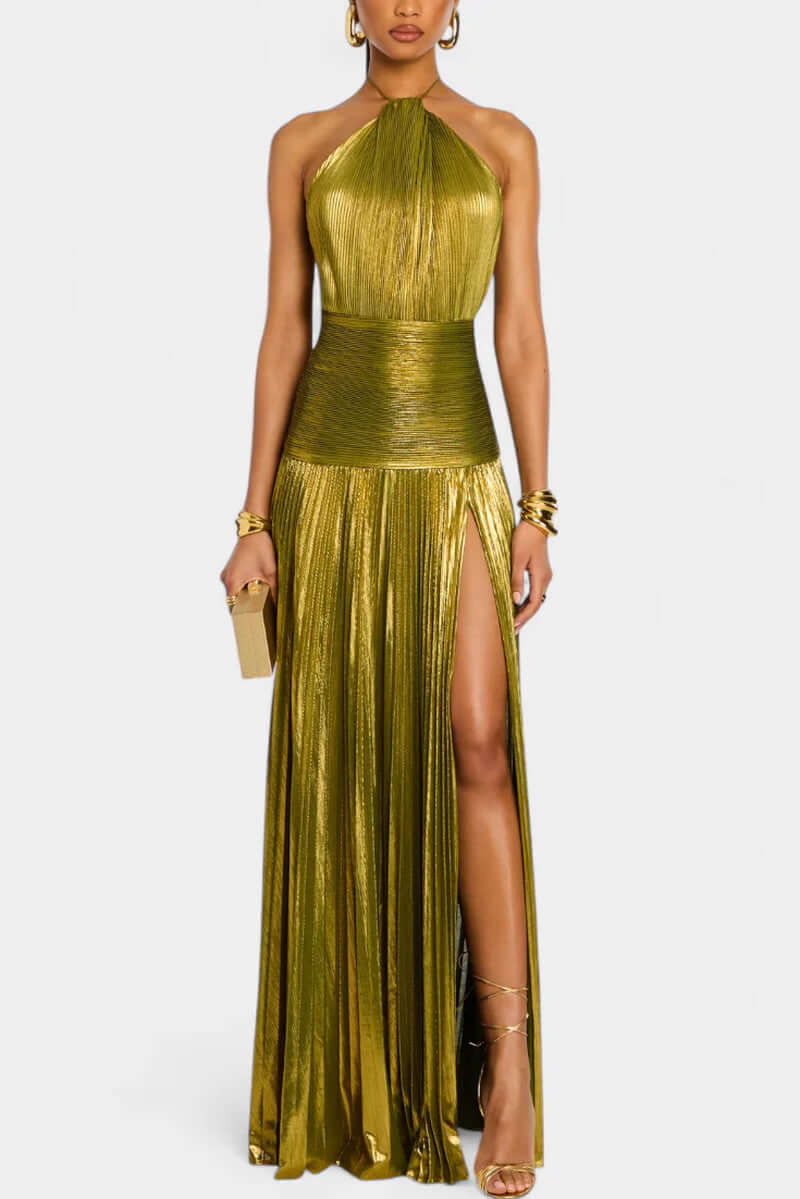 Emma Metallic Halter Dress Open Back High Slit