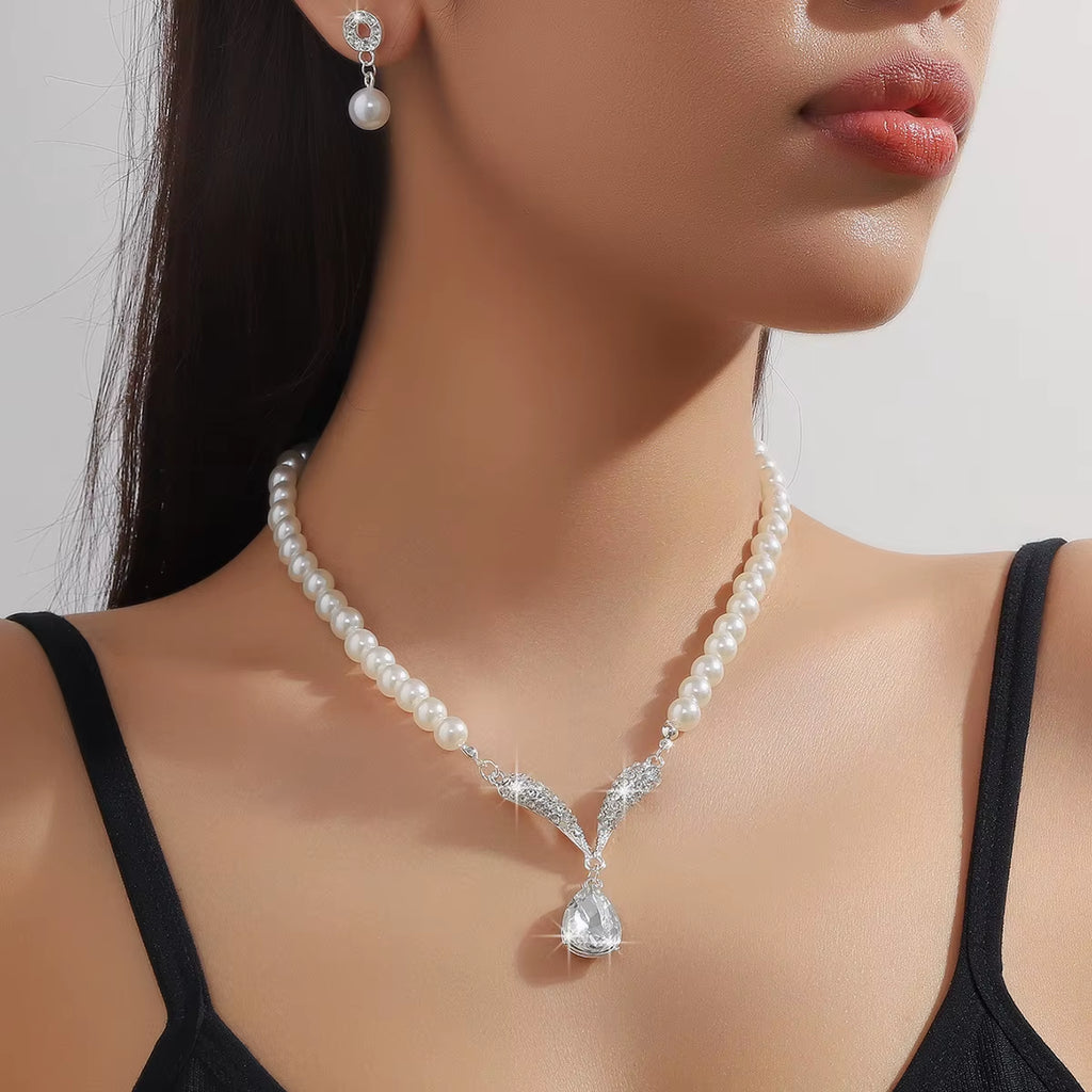 Elegant Simulated-Pearl Bridal Jewelry Sets Rhinestone Pearl Drop NECKLACE+EARRINGS Wedding Jewelry Sets for Women Gifts