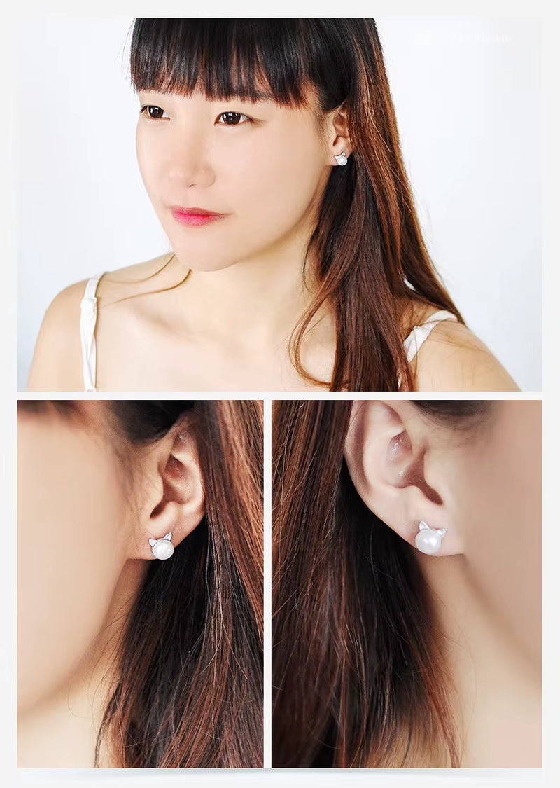 Real 100% 925 Sterling Silver Cat Pearl Stud Earrings for Women Girls Fashion Sterling-Silver-Jewelry Brincos Brinco