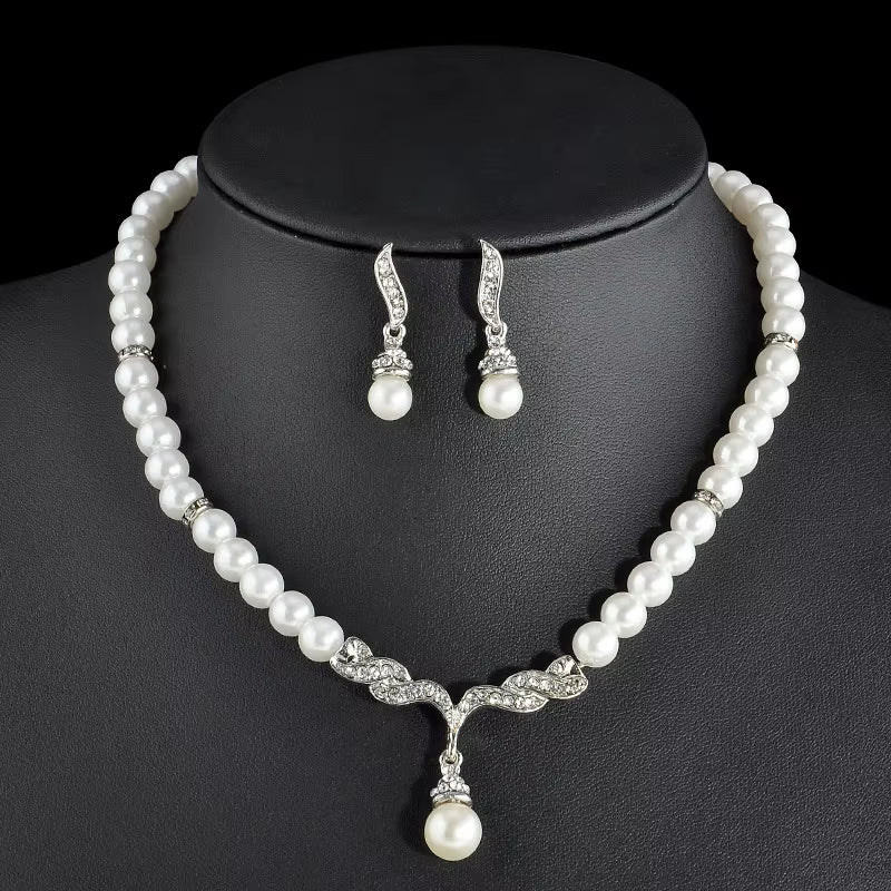 Elegant Simulated-Pearl Bridal Jewelry Sets Rhinestone Pearl Drop NECKLACE+EARRINGS Wedding Jewelry Sets for Women Gifts