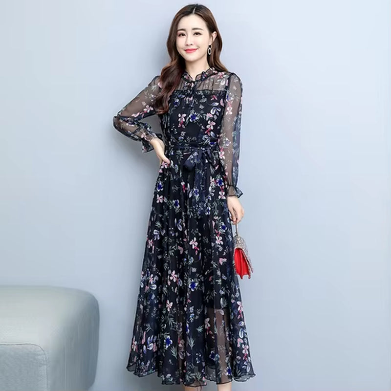 2024 Autumn Winter Floral Chiffon Vintage Midi Dress Casual Boho Beach Maxi Dress Women Bodycon Party Black Evening Prom Vestido