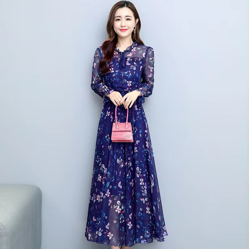 2024 Autumn Winter Floral Chiffon Vintage Midi Dress Casual Boho Beach Maxi Dress Women Bodycon Party Black Evening Prom Vestido