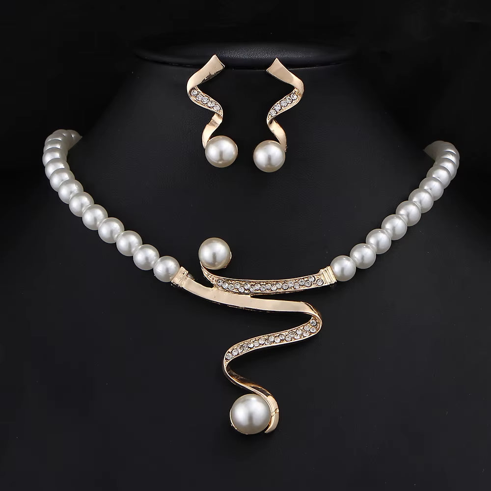 Elegant Simulated-Pearl Bridal Jewelry Sets Rhinestone Pearl Drop NECKLACE+EARRINGS Wedding Jewelry Sets for Women Gifts