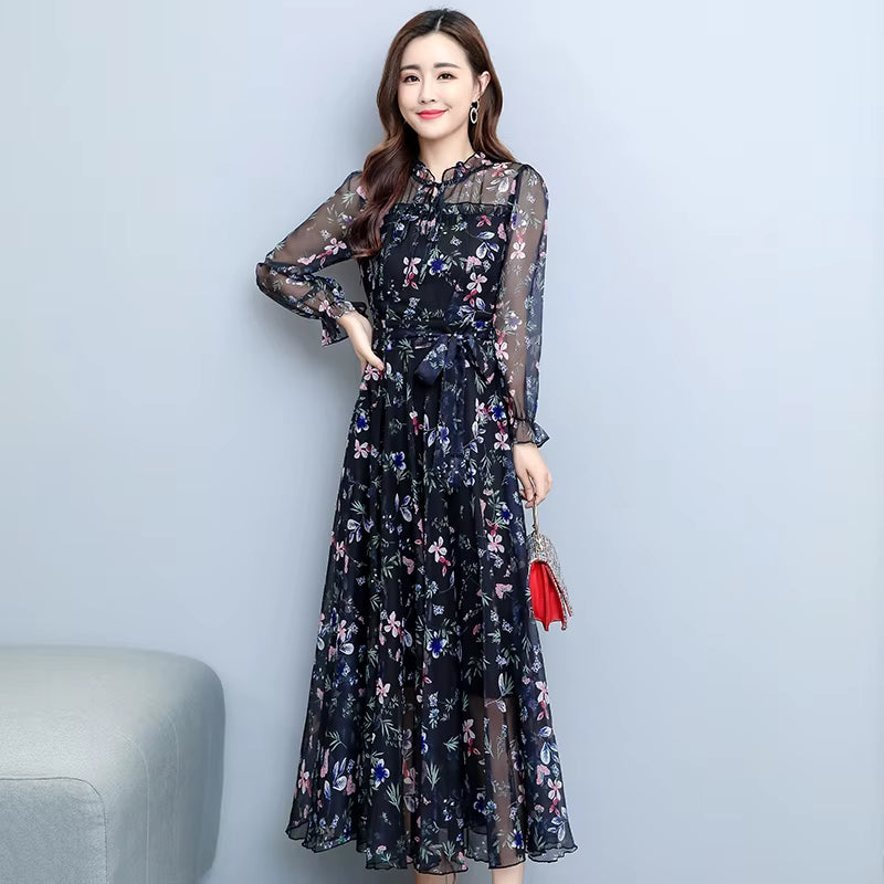 2024 Autumn Winter Floral Chiffon Vintage Midi Dress Casual Boho Beach Maxi Dress Women Bodycon Party Black Evening Prom Vestido