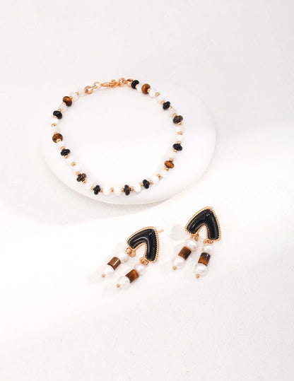 Tiger's Eye Pendant Earrings with Pearl | Elegant Jewelry