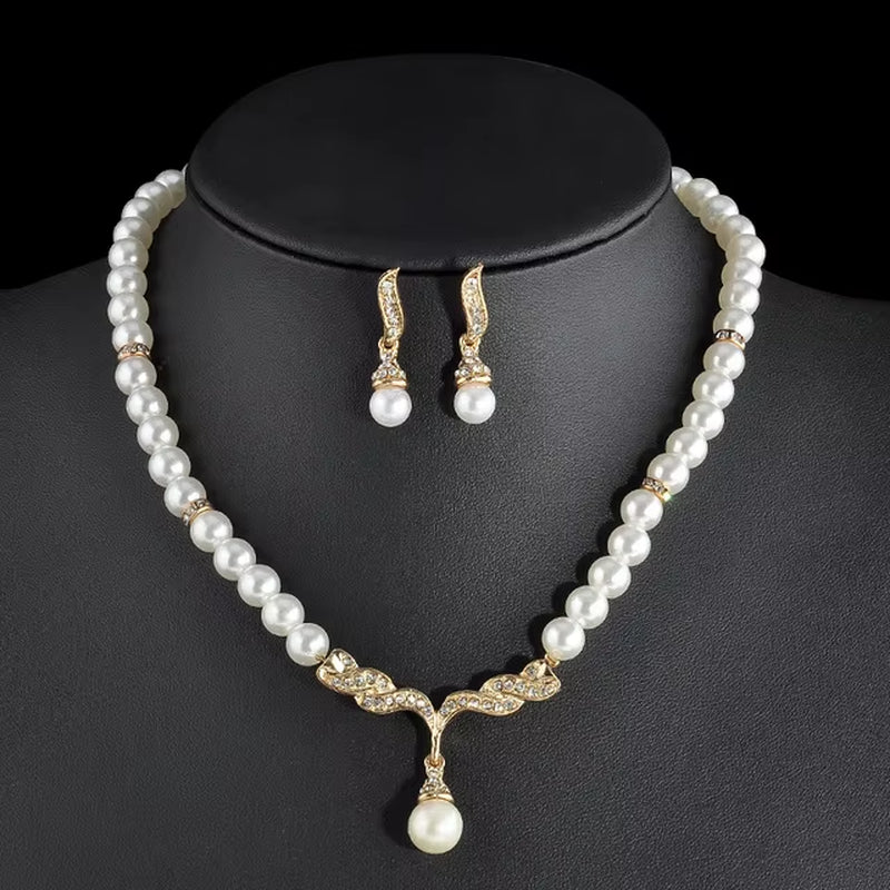 Elegant Simulated-Pearl Bridal Jewelry Sets Rhinestone Pearl Drop NECKLACE+EARRINGS Wedding Jewelry Sets for Women Gifts