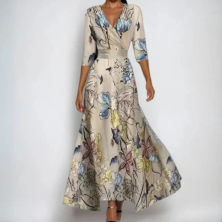 Maria Joana floral dress with wrap neckline - front view | Vireza Boutique