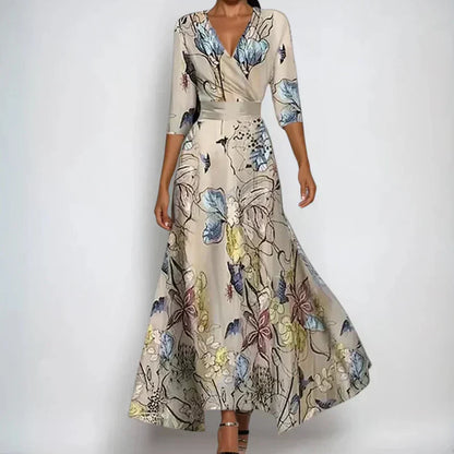 Maria Joana floral dress with wrap neckline - front view | Vireza Boutique