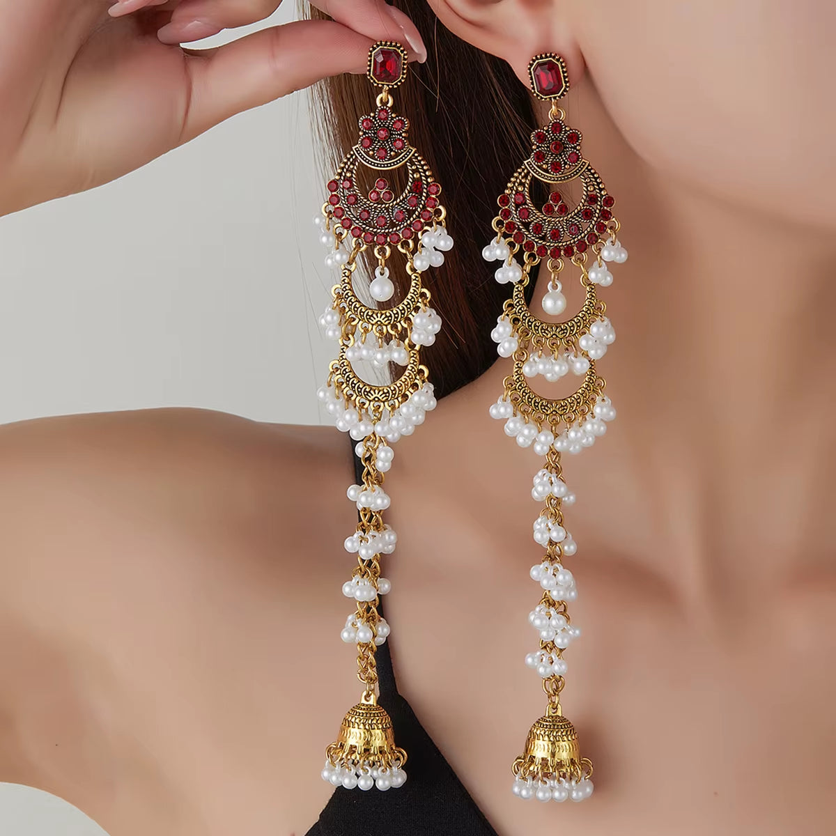 Vintage Ethnic Gold Color Statement Jewelry Earring Women Geometric Crystal Pearl Tassel Long Earrings Party Jewellery Brincos